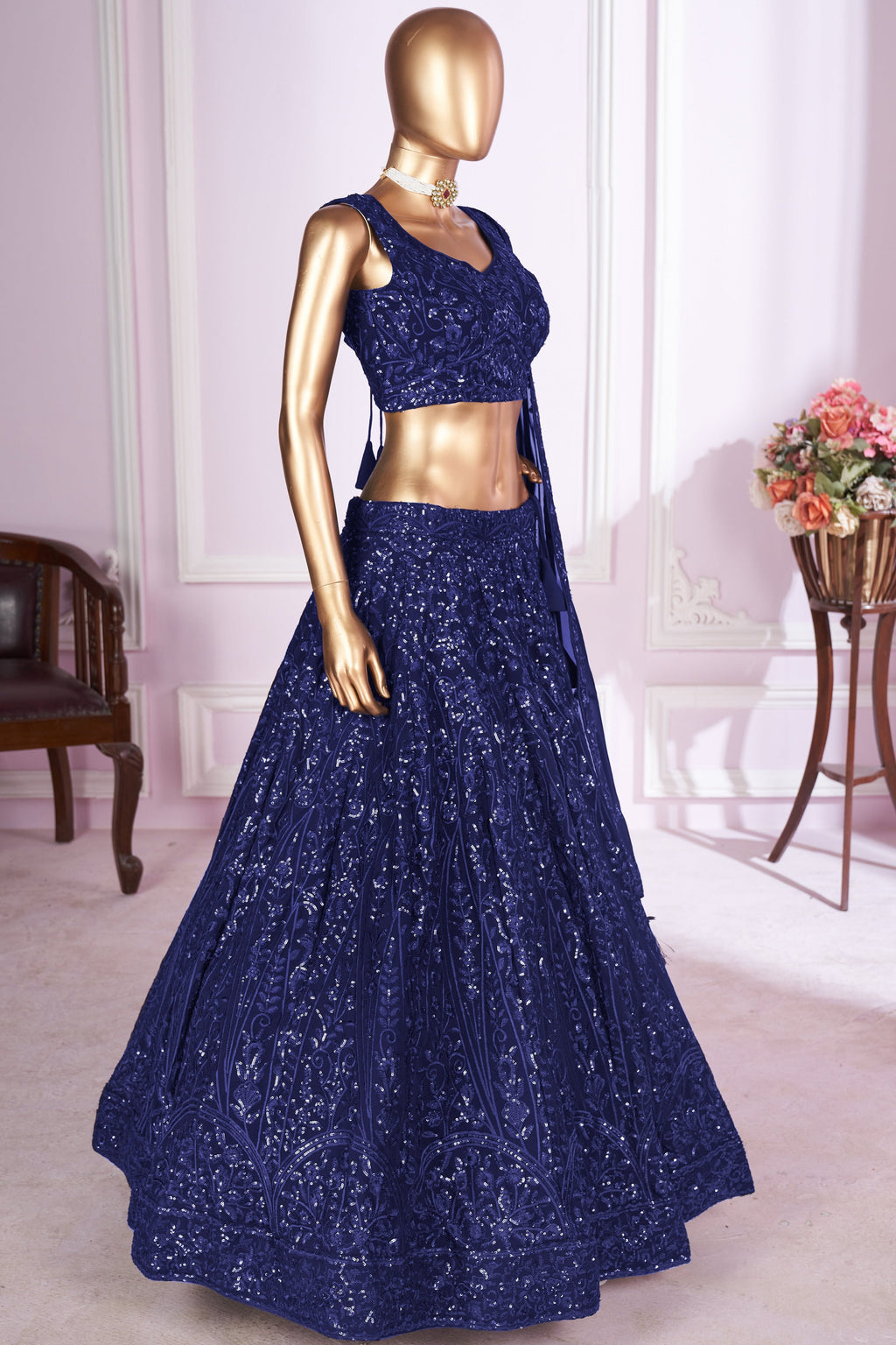 Navy Blue Georgette Lehenga Choli For Indian & Pakistani Wedding Festival - Sequins & Thread Embroidery Work