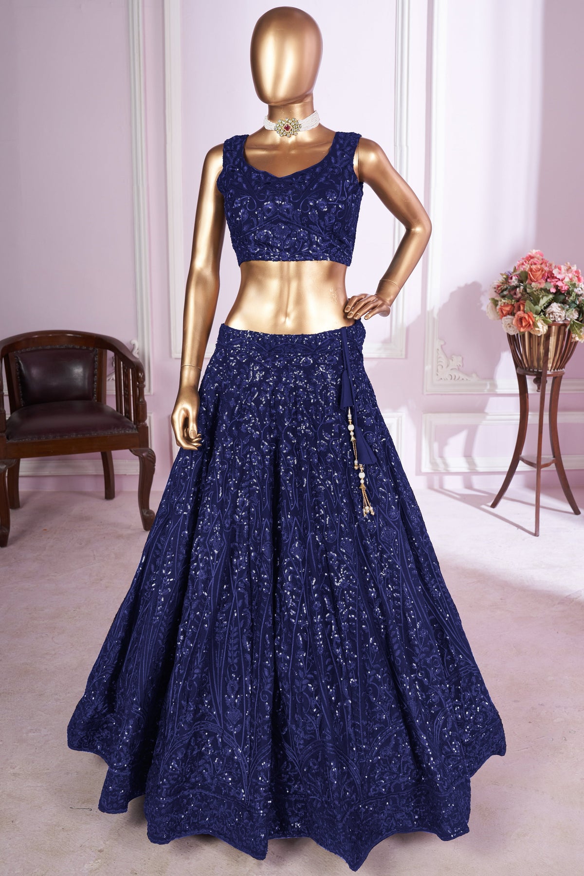 Navy Blue Georgette Lehenga Choli For Indian & Pakistani Wedding Festival - Sequins & Thread Embroidery Work
