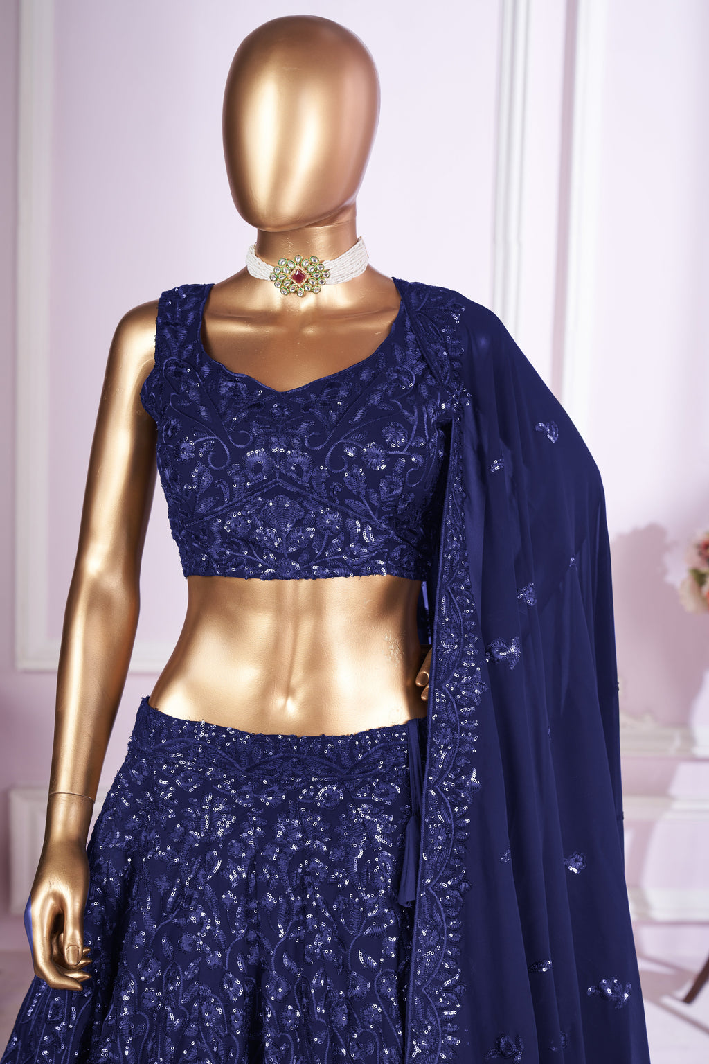 Navy Blue Georgette Lehenga Choli For Indian & Pakistani Wedding Festival - Sequins & Thread Embroidery Work