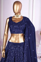 Navy Blue Georgette Lehenga Choli For Indian & Pakistani Wedding Festival - Sequins & Thread Embroidery Work