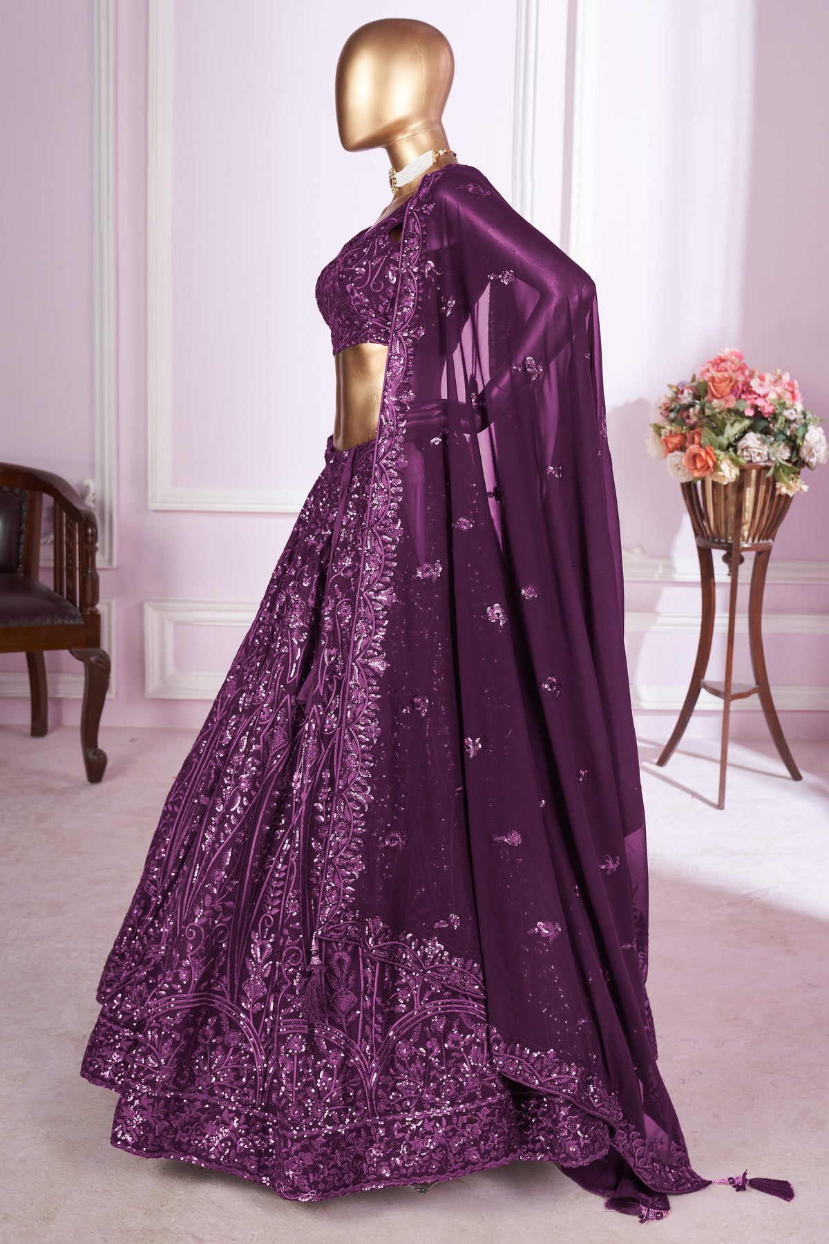 Dark Magenta Georgette Lehenga Choli For Indian & Pakistani Wedding Festival - Sequins & Thread Embroidery Work