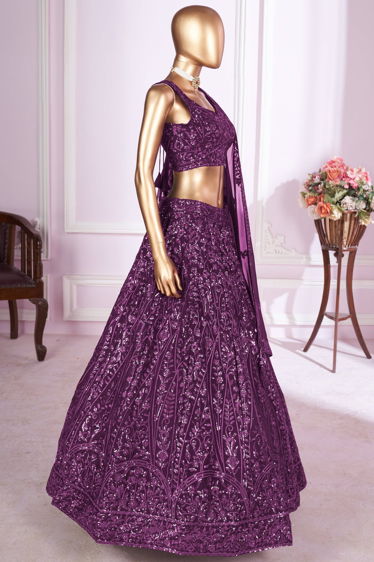 Dark Magenta Georgette Lehenga Choli For Indian & Pakistani Wedding Festival - Sequins & Thread Embroidery Work