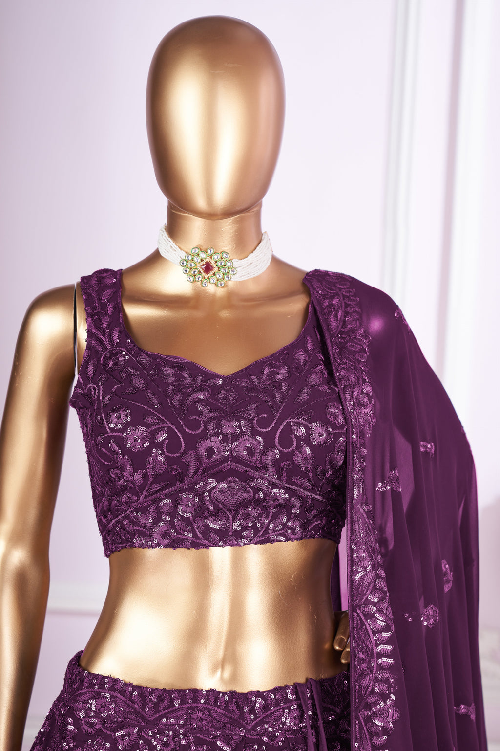Dark Magenta Georgette Lehenga Choli For Indian & Pakistani Wedding Festival - Sequins & Thread Embroidery Work