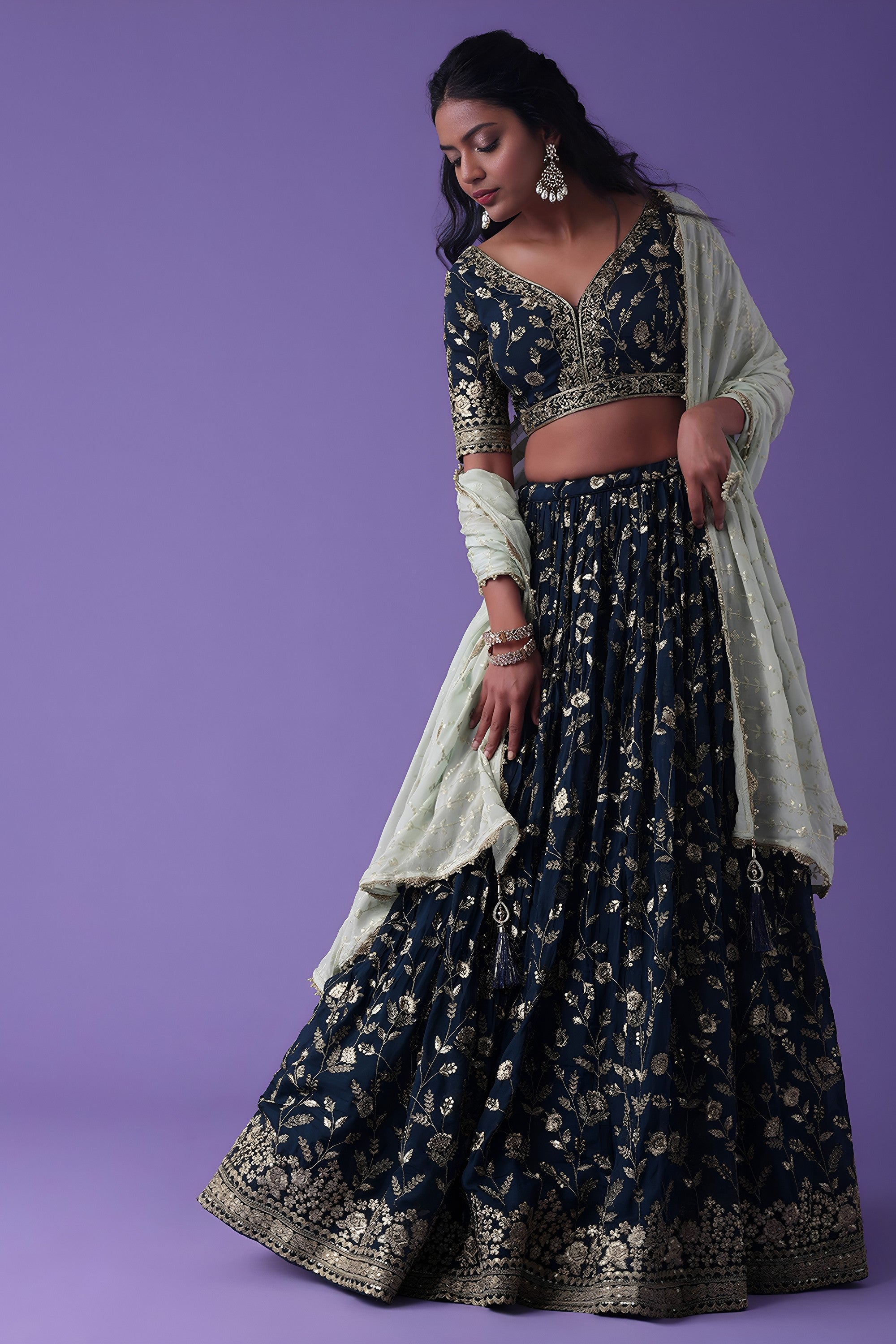 Navy Blue Georgette Lehenga Choli For Indian & Pakistani Wedding Festival - Zari Work, Sequence Embroidery Work