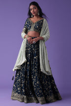Navy Blue Georgette Lehenga Choli For Indian & Pakistani Wedding Festival - Zari Work, Sequence Embroidery Work