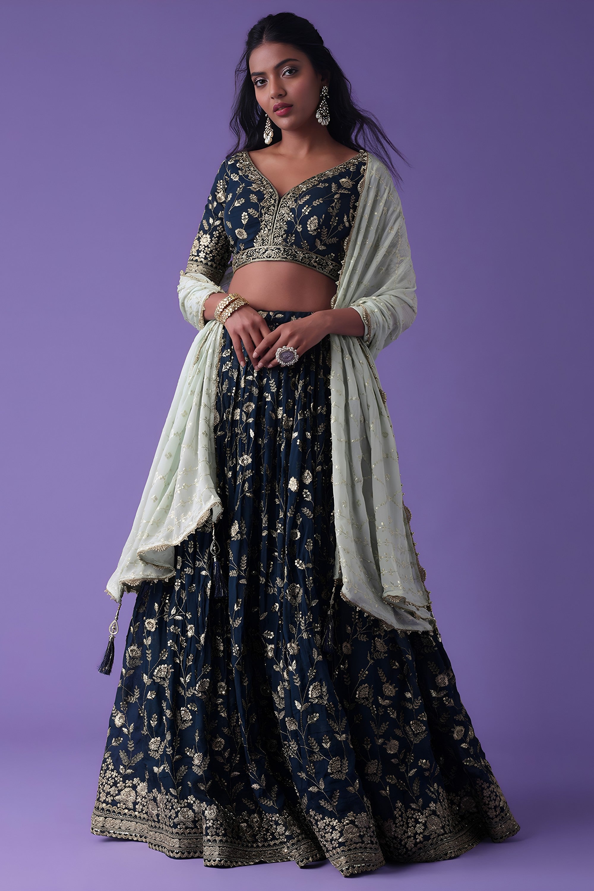 Navy Blue Georgette Lehenga Choli For Indian & Pakistani Wedding Festival - Zari Work, Sequence Embroidery Work