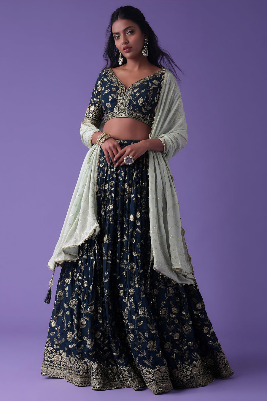 Navy Blue Georgette Lehenga Choli For Indian & Pakistani Wedding Festival - Zari Work, Sequence Embroidery Work