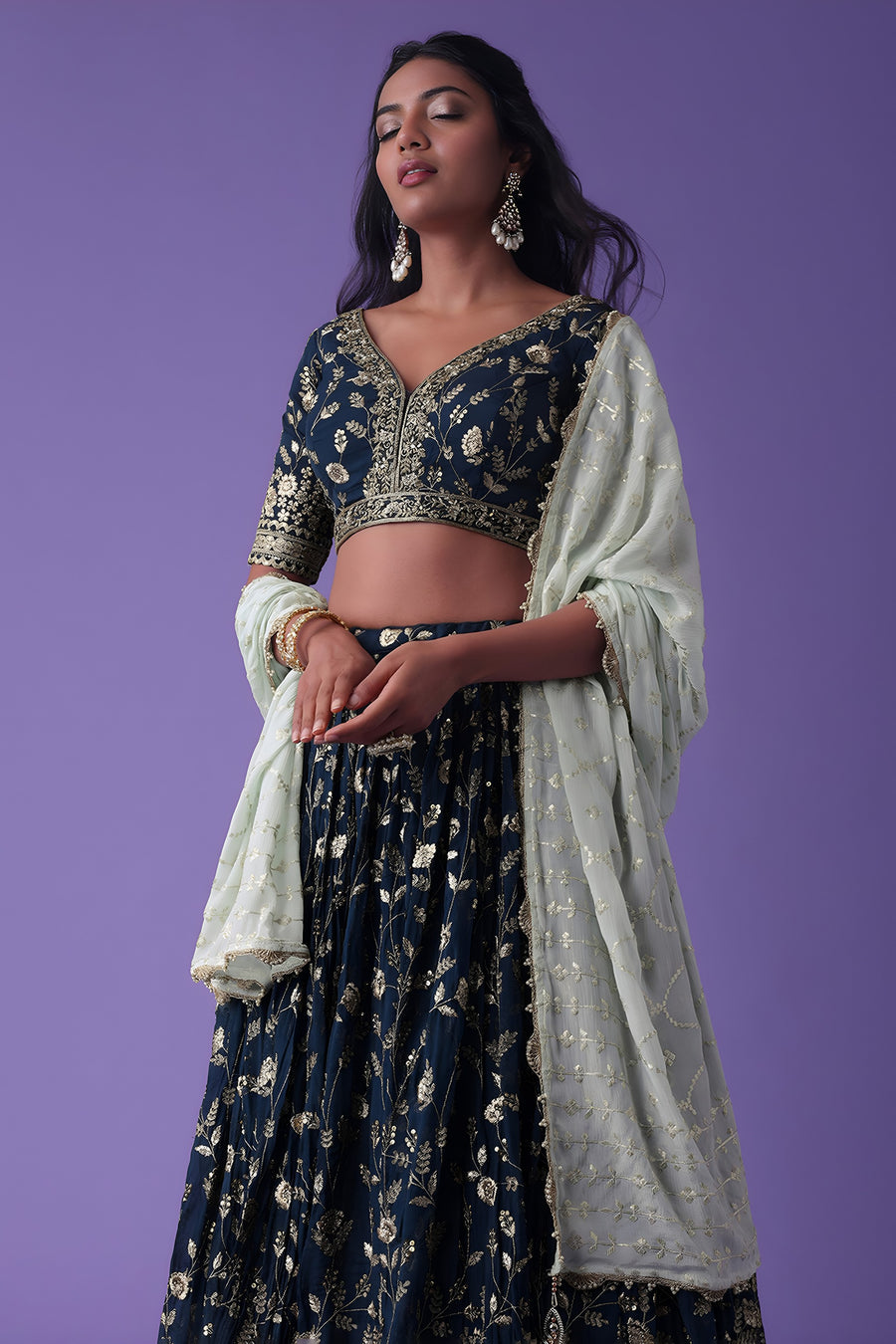 Navy Blue Georgette Lehenga Choli For Indian & Pakistani Wedding Festival - Zari Work, Sequence Embroidery Work