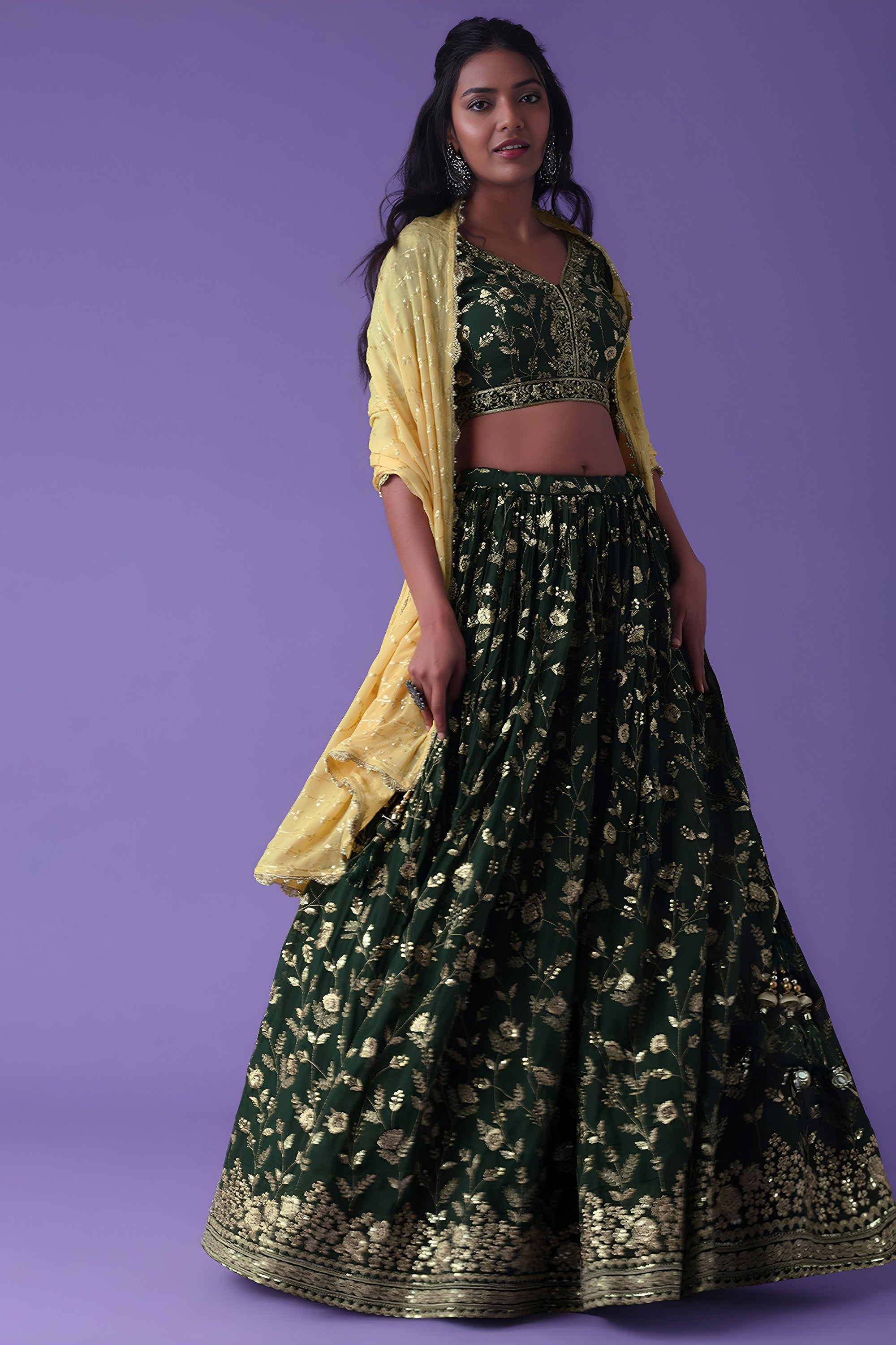 Emerald Green Georgette Lehenga Choli For Indian & Pakistani Wedding Festival - Zari Work, Sequence Embroidery Work