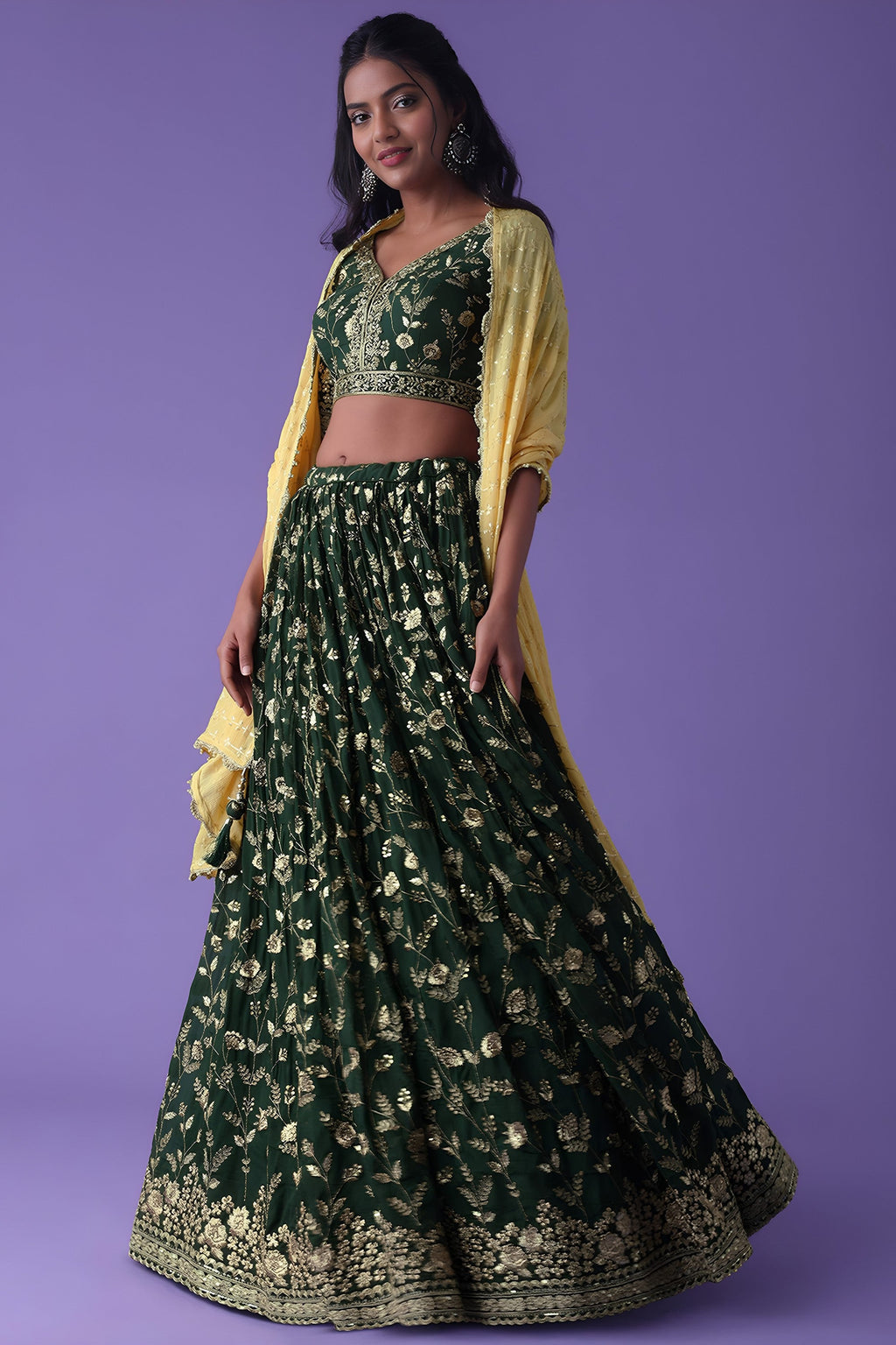 Emerald Green Georgette Lehenga Choli For Indian & Pakistani Wedding Festival - Zari Work, Sequence Embroidery Work