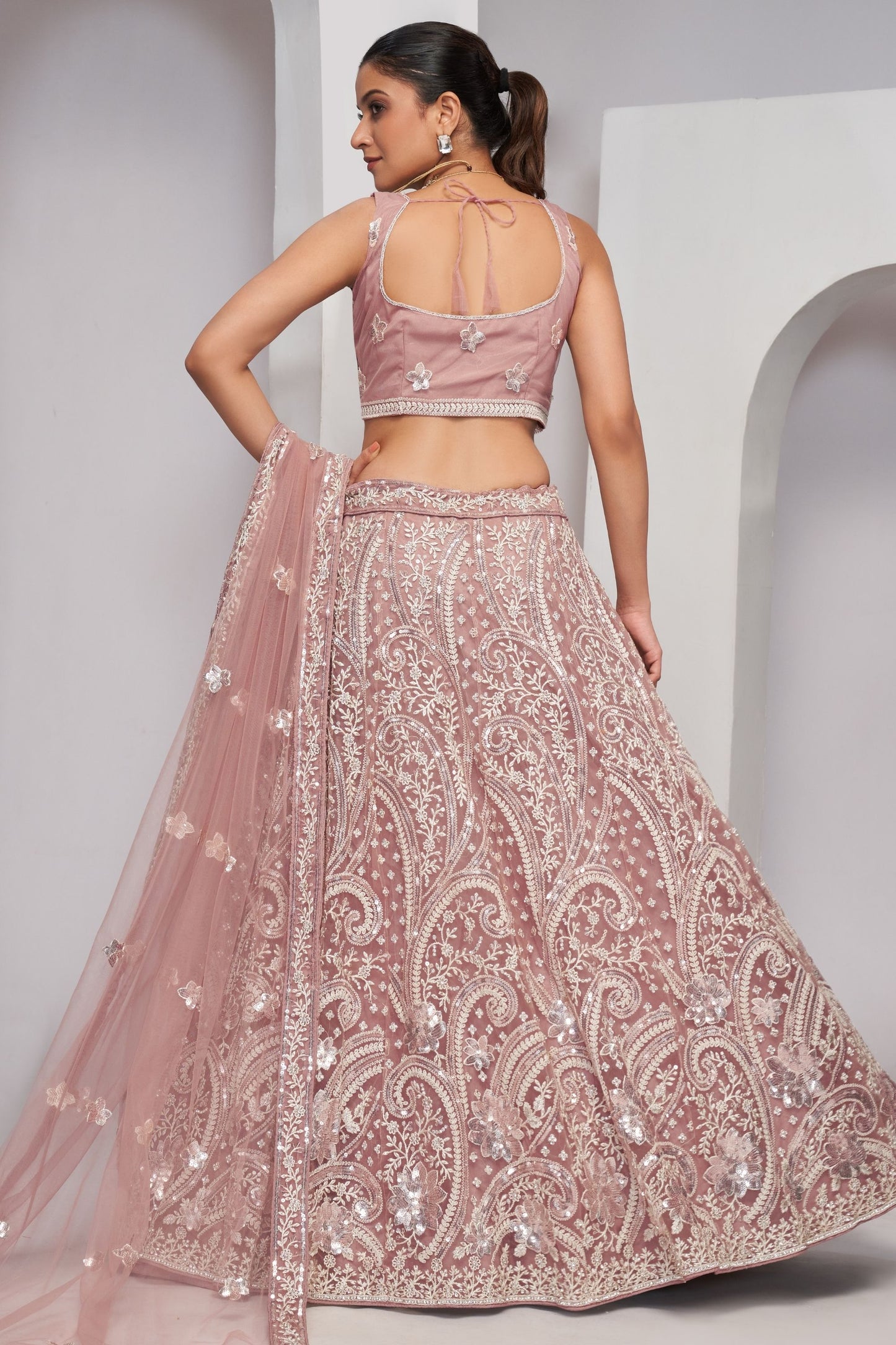 Rose Gold Soft Net Lehenga Choli For Indian Festivals & Weddings - Sequins Work, Thread Work