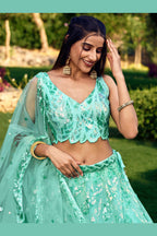 Sea Green Net Reception Lehenga Choli For Indian & Pakistani Wedding Festival - Sequins & Thread Embroidery Work
