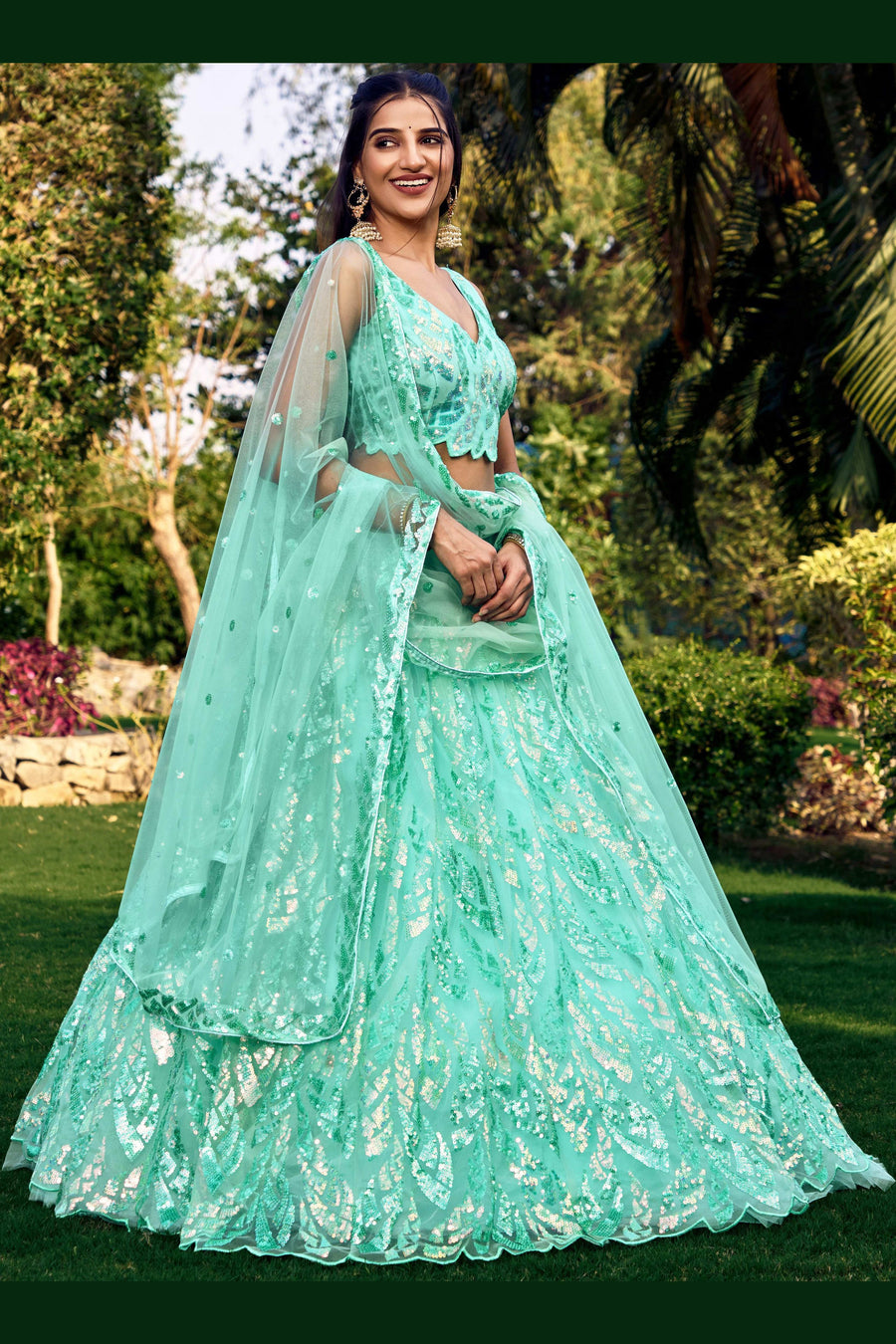 Sea Green Net Reception Lehenga Choli For Indian & Pakistani Wedding Festival - Sequins & Thread Embroidery Work