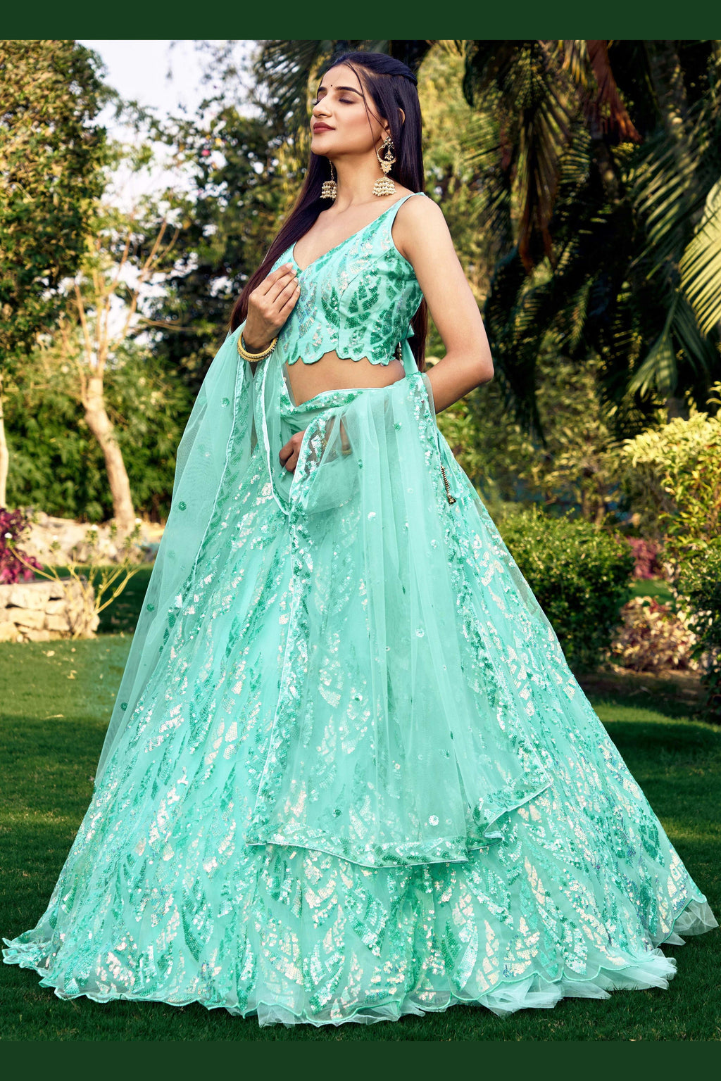 Sea Green Net Reception Lehenga Choli For Indian & Pakistani Wedding Festival - Sequins & Thread Embroidery Work