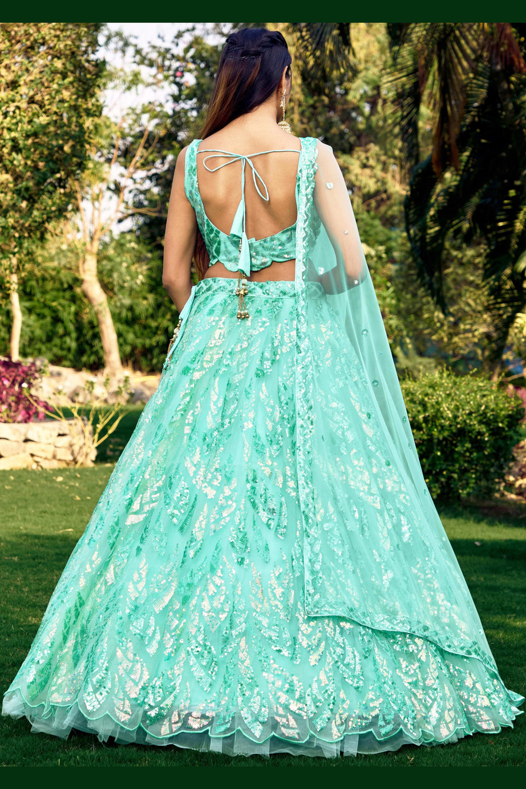 Sea Green Net Reception Lehenga Choli For Indian & Pakistani Wedding Festival - Sequins & Thread Embroidery Work