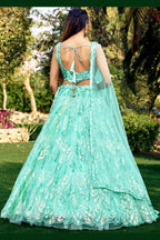 Sea Green Net Reception Lehenga Choli For Indian & Pakistani Wedding Festival - Sequins & Thread Embroidery Work