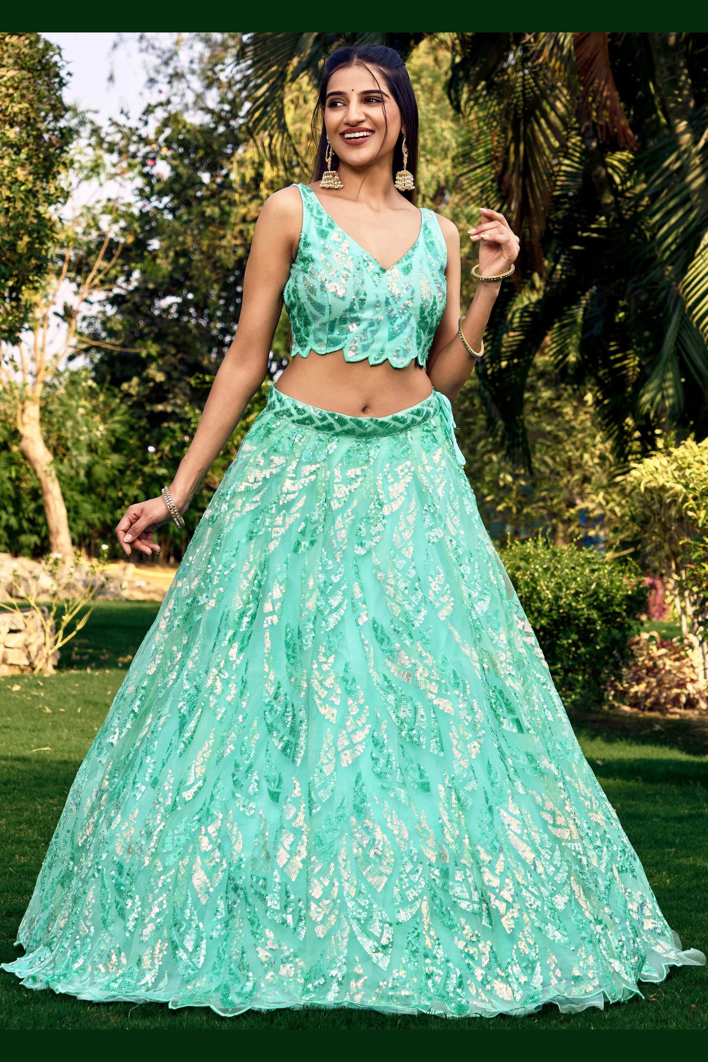 Sea Green Net Reception Lehenga Choli For Indian & Pakistani Wedding Festival - Sequins & Thread Embroidery Work