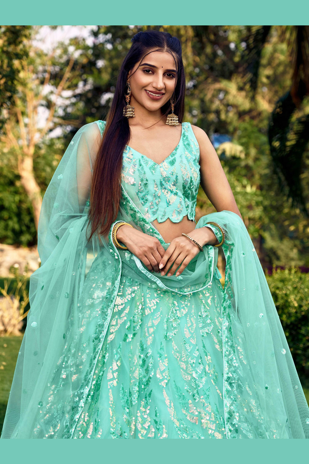 Sea Green Net Reception Lehenga Choli For Indian & Pakistani Wedding Festival - Sequins & Thread Embroidery Work