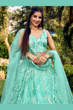 Sea Green Net Reception Lehenga Choli For Indian & Pakistani Wedding Festival - Sequins & Thread Embroidery Work
