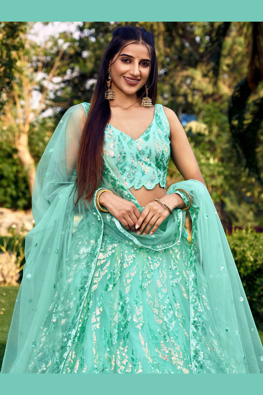 Sea Green Net Reception Lehenga Choli For Indian & Pakistani Wedding Festival - Sequins & Thread Embroidery Work