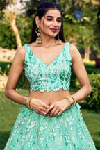 Sea Green Net Reception Lehenga Choli For Indian & Pakistani Wedding Festival - Sequins & Thread Embroidery Work