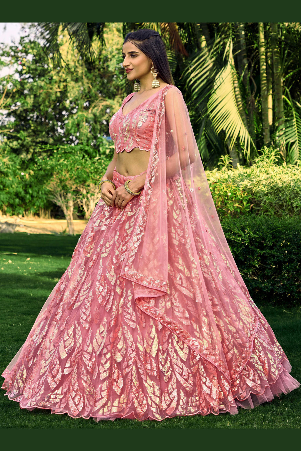 Pink Net Reception Lehenga Choli For Indian & Pakistani Wedding Festival - Sequins & Thread Embroidery Work