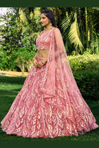 Pink Net Reception Lehenga Choli For Indian & Pakistani Wedding Festival - Sequins & Thread Embroidery Work
