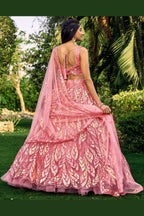 Pink Net Reception Lehenga Choli For Indian & Pakistani Wedding Festival - Sequins & Thread Embroidery Work