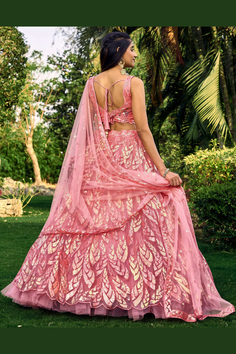Pink Net Reception Lehenga Choli For Indian & Pakistani Wedding Festival - Sequins & Thread Embroidery Work