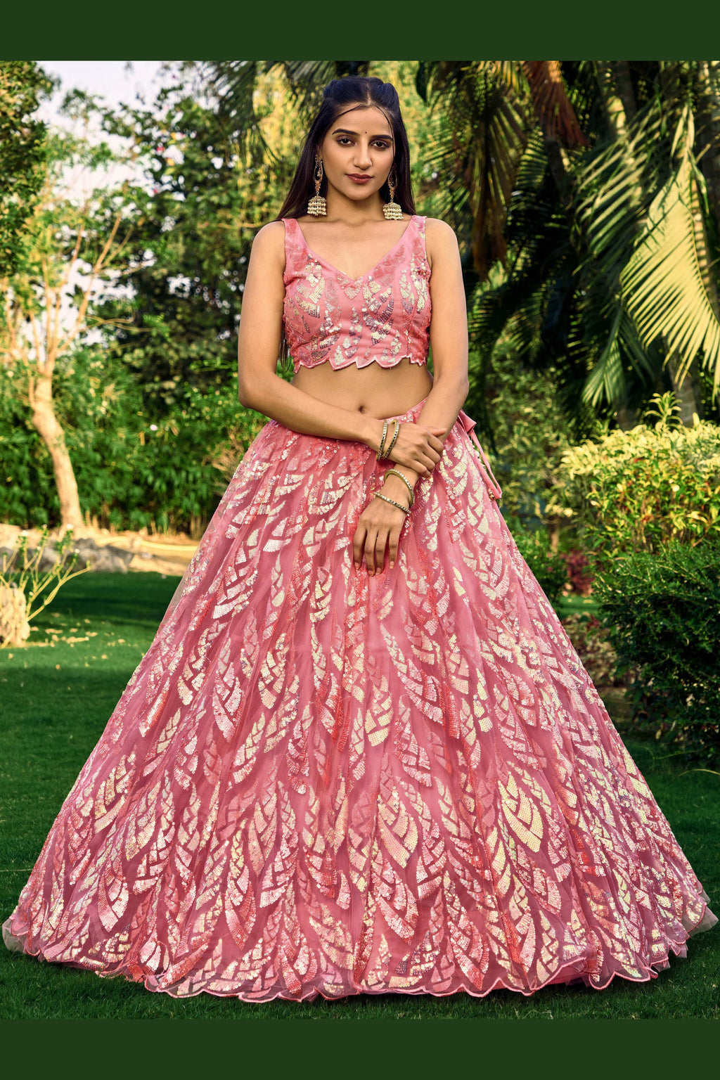 Pink Net Reception Lehenga Choli For Indian & Pakistani Wedding Festival - Sequins & Thread Embroidery Work