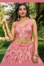 Pink Net Reception Lehenga Choli For Indian & Pakistani Wedding Festival - Sequins & Thread Embroidery Work