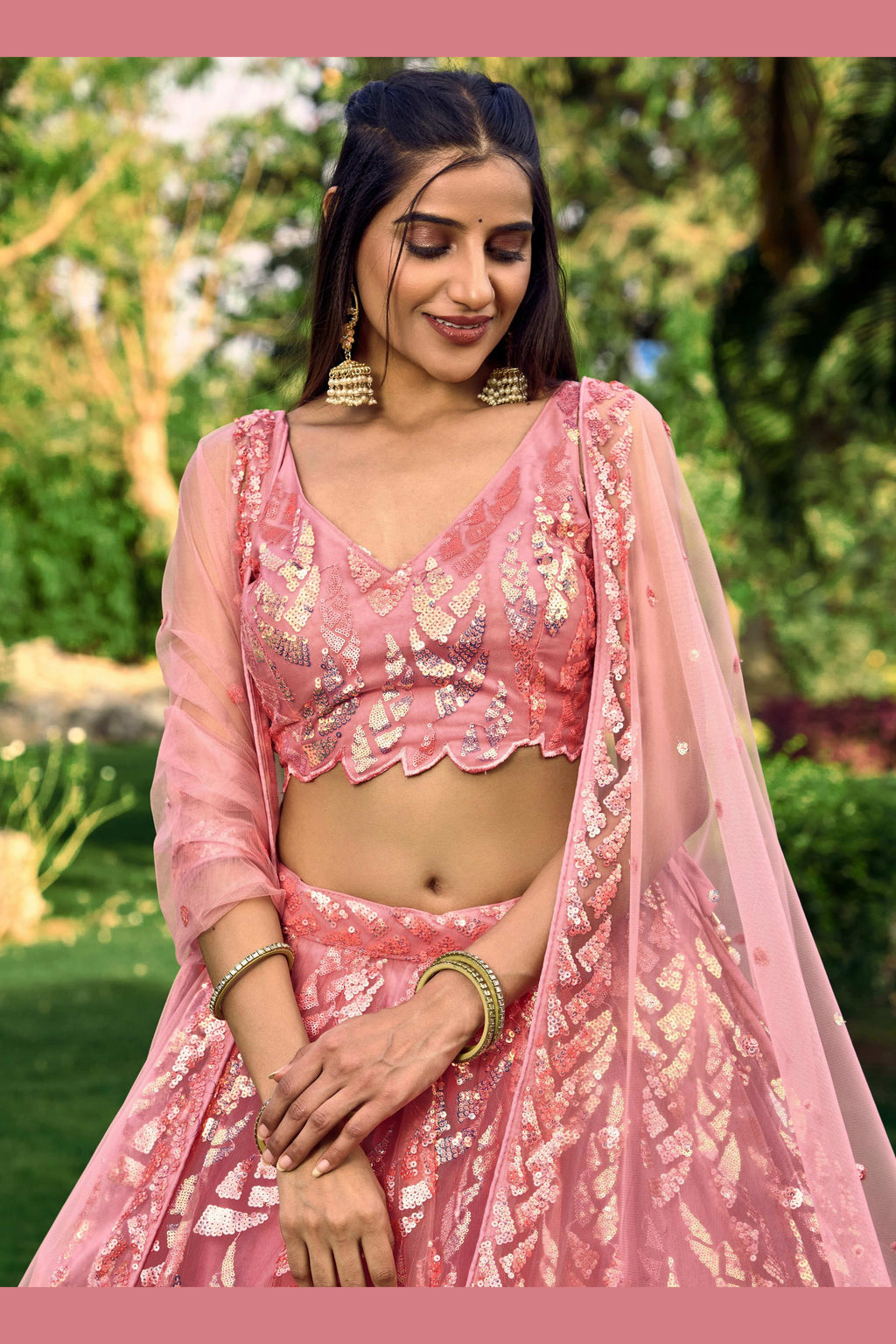 Pink Net Reception Lehenga Choli For Indian & Pakistani Wedding Festival - Sequins & Thread Embroidery Work