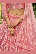 Pink Net Reception Lehenga Choli For Indian & Pakistani Wedding Festival - Sequins & Thread Embroidery Work