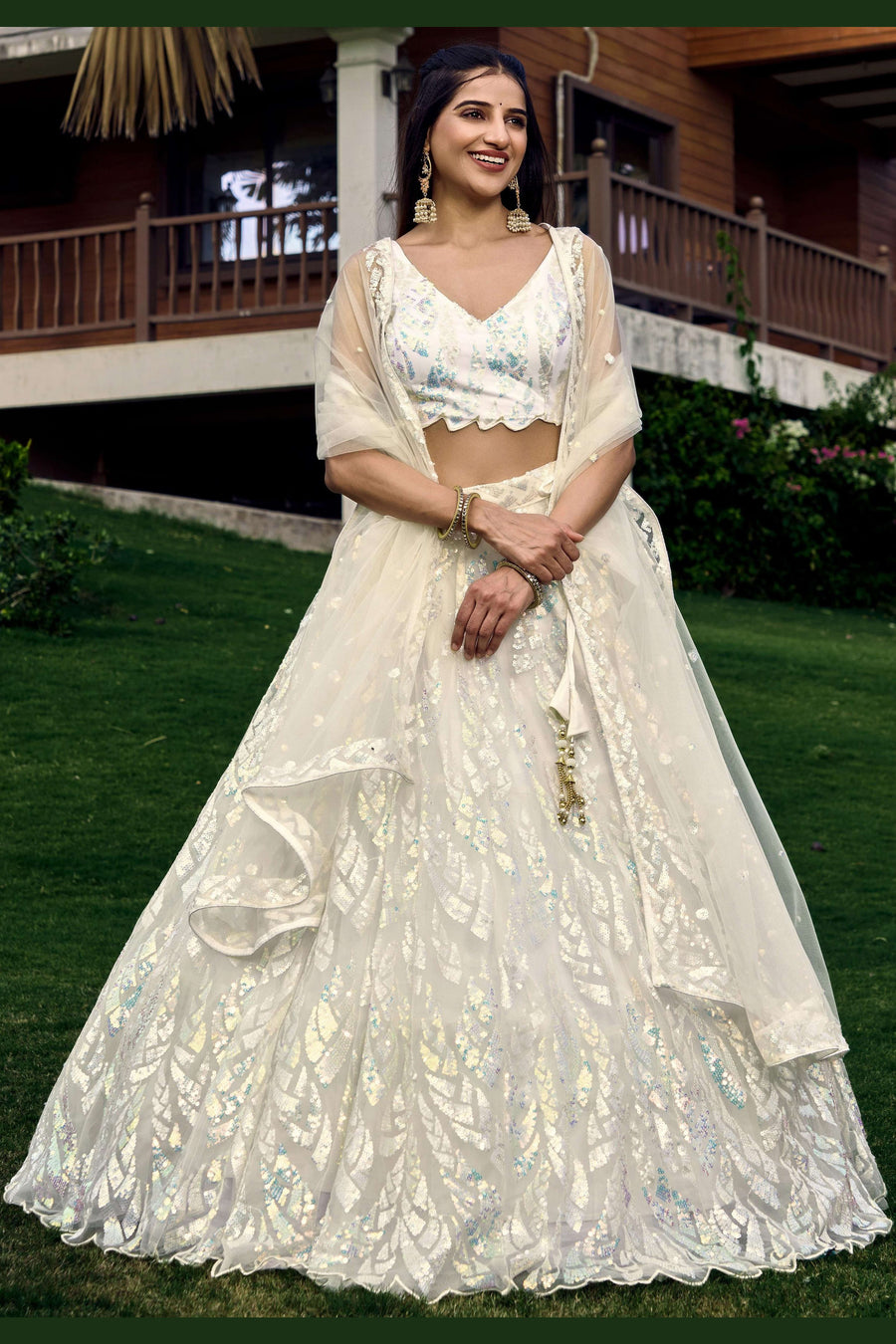 White Net Reception Lehenga Choli For Indian & Pakistani Wedding Festival - Sequins & Thread Embroidery Work