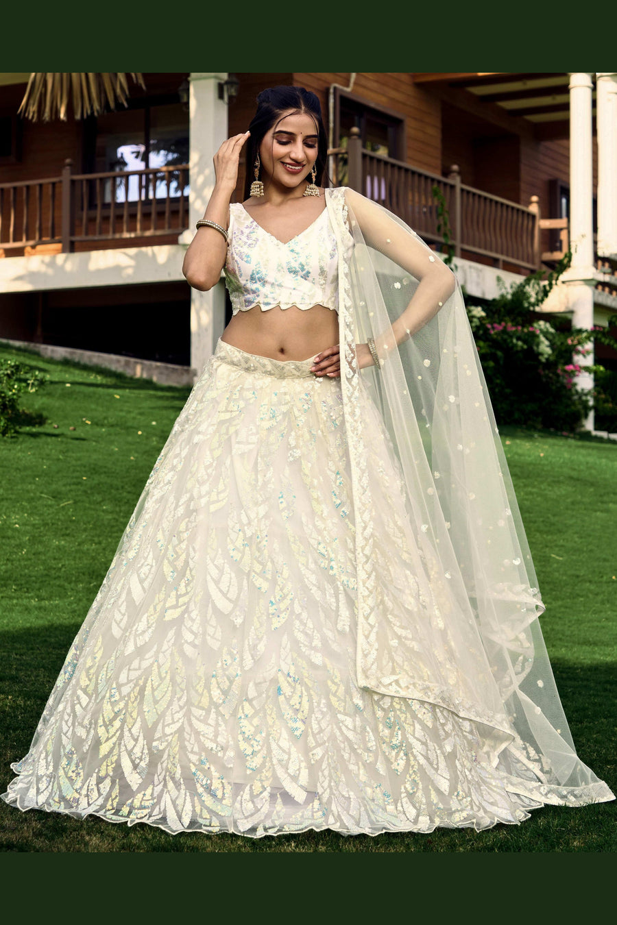 White Net Reception Lehenga Choli For Indian & Pakistani Wedding Festival - Sequins & Thread Embroidery Work