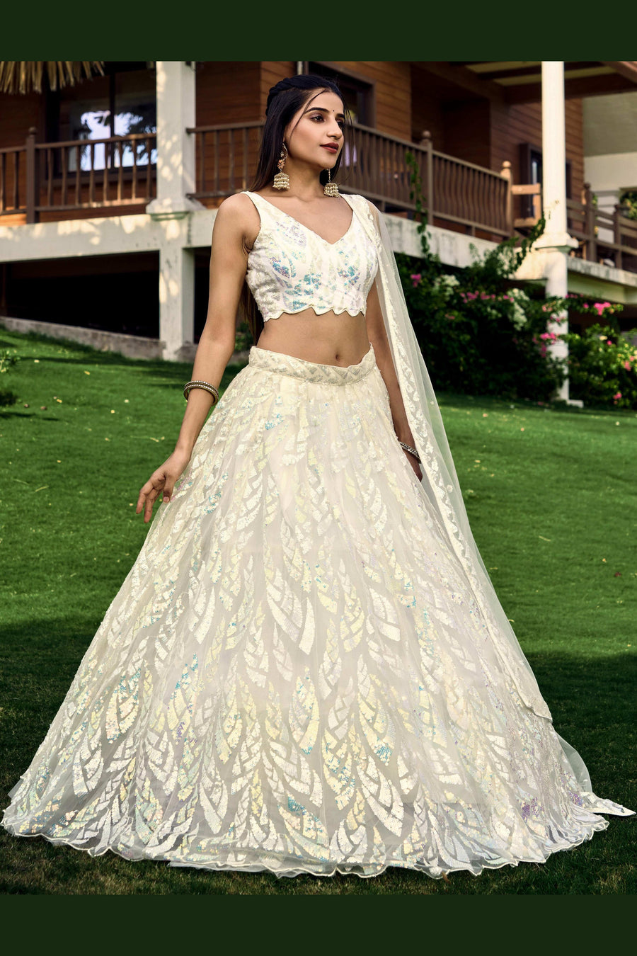 White Net Reception Lehenga Choli For Indian & Pakistani Wedding Festival - Sequins & Thread Embroidery Work