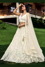 White Net Reception Lehenga Choli For Indian & Pakistani Wedding Festival - Sequins & Thread Embroidery Work
