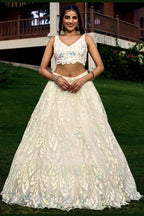 White Net Reception Lehenga Choli For Indian & Pakistani Wedding Festival - Sequins & Thread Embroidery Work