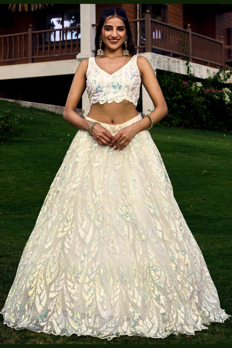 White Net Reception Lehenga Choli For Indian & Pakistani Wedding Festival - Sequins & Thread Embroidery Work