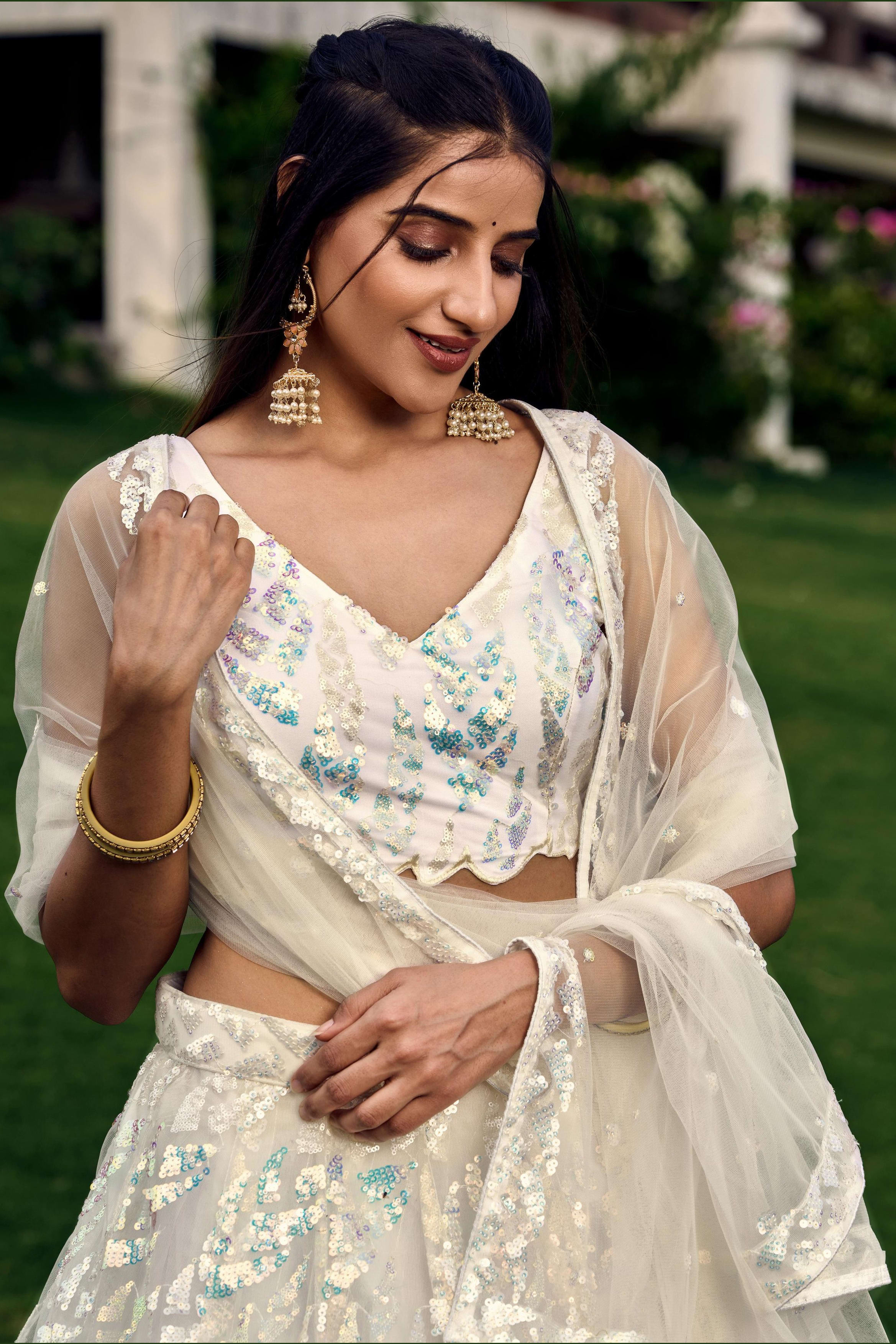 White Net Reception Lehenga Choli For Indian & Pakistani Wedding Festival - Sequins & Thread Embroidery Work