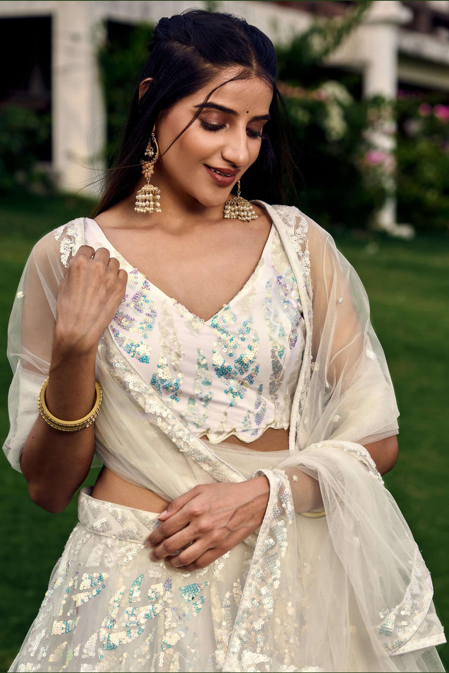 White Net Reception Lehenga Choli For Indian & Pakistani Wedding Festival - Sequins & Thread Embroidery Work