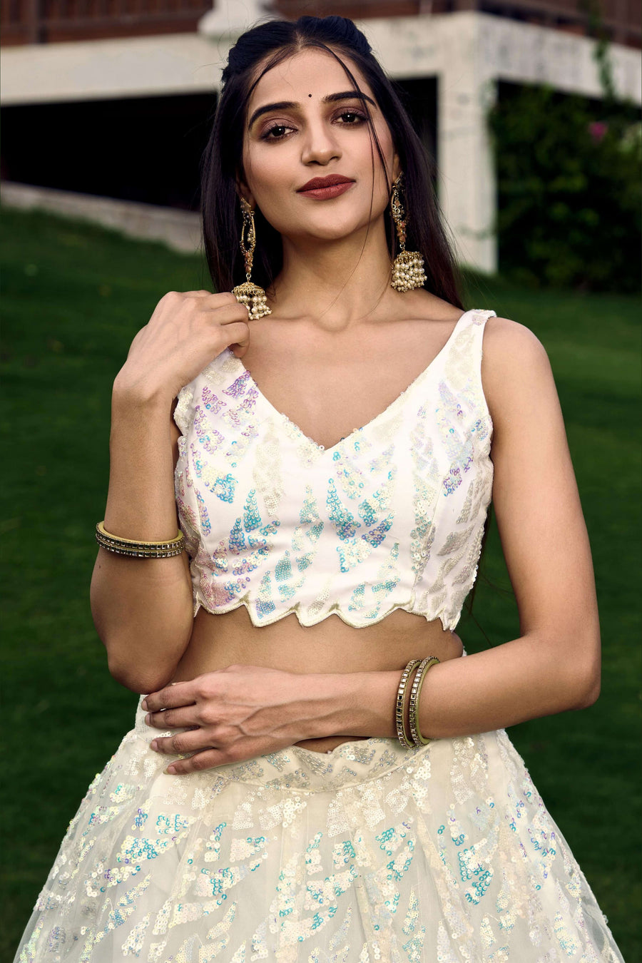 White Net Reception Lehenga Choli For Indian & Pakistani Wedding Festival - Sequins & Thread Embroidery Work