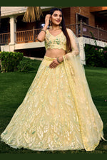 Yellow Net Reception Lehenga Choli For Indian & Pakistani Wedding Festival - Sequins & Thread Embroidery Work