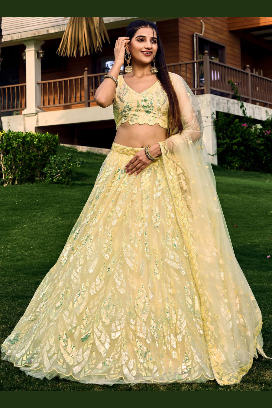 Yellow Net Reception Lehenga Choli For Indian & Pakistani Wedding Festival - Sequins & Thread Embroidery Work