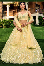 Yellow Net Reception Lehenga Choli For Indian & Pakistani Wedding Festival - Sequins & Thread Embroidery Work