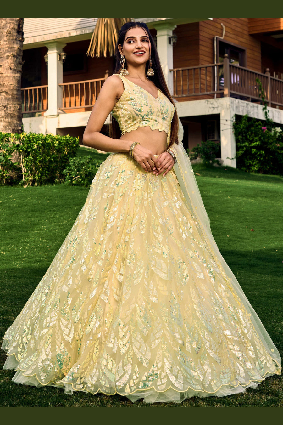 Yellow Net Reception Lehenga Choli For Indian & Pakistani Wedding Festival - Sequins & Thread Embroidery Work