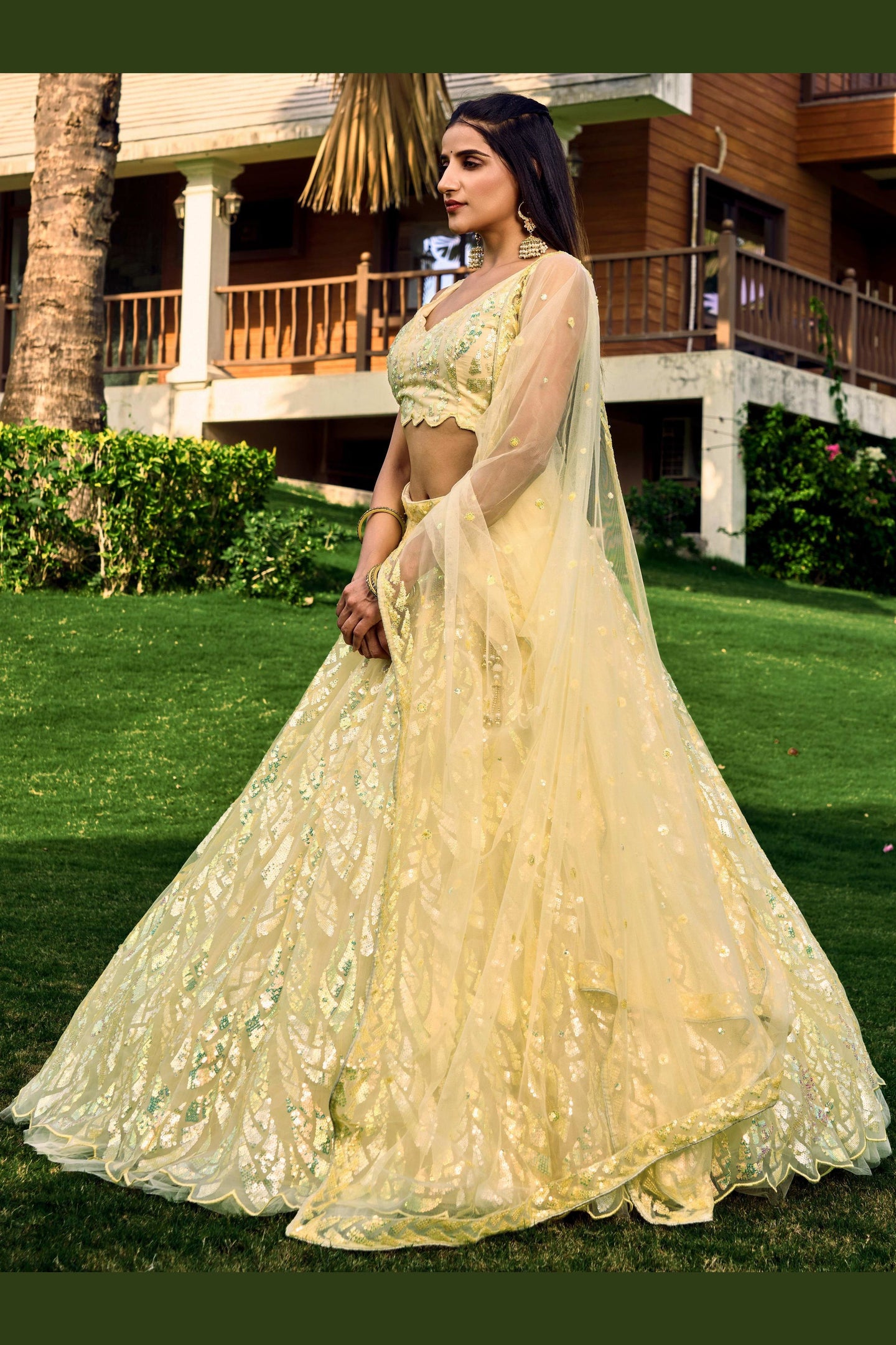 Yellow Net Reception Lehenga Choli For Indian & Pakistani Wedding Festival - Sequins & Thread Embroidery Work