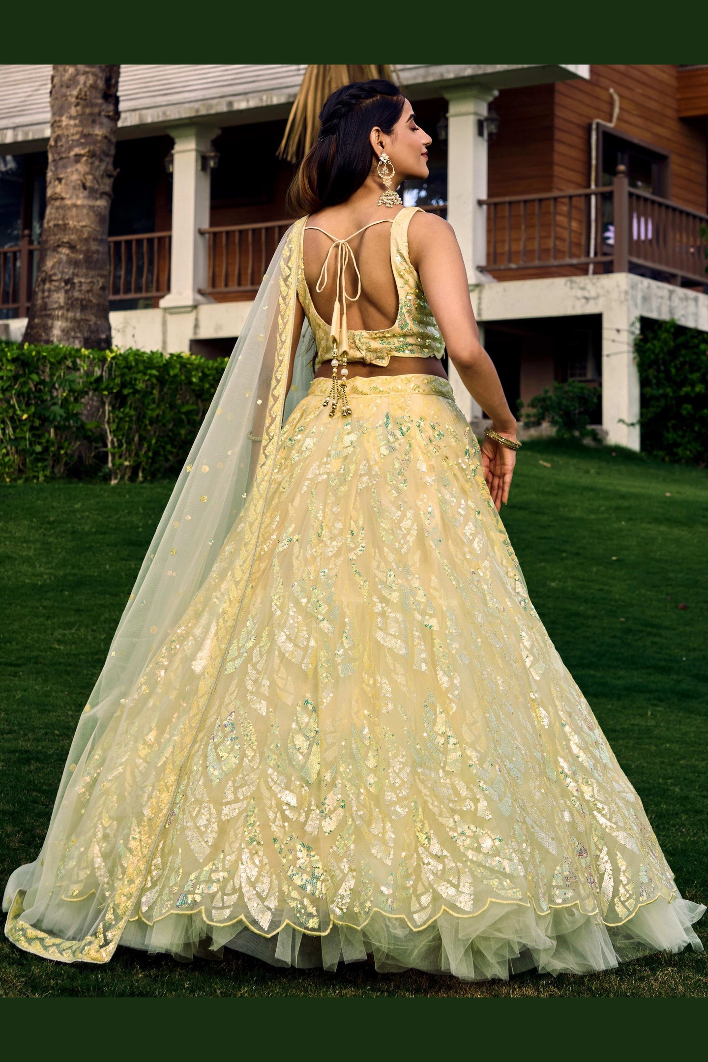 Yellow Net Reception Lehenga Choli For Indian & Pakistani Wedding Festival - Sequins & Thread Embroidery Work