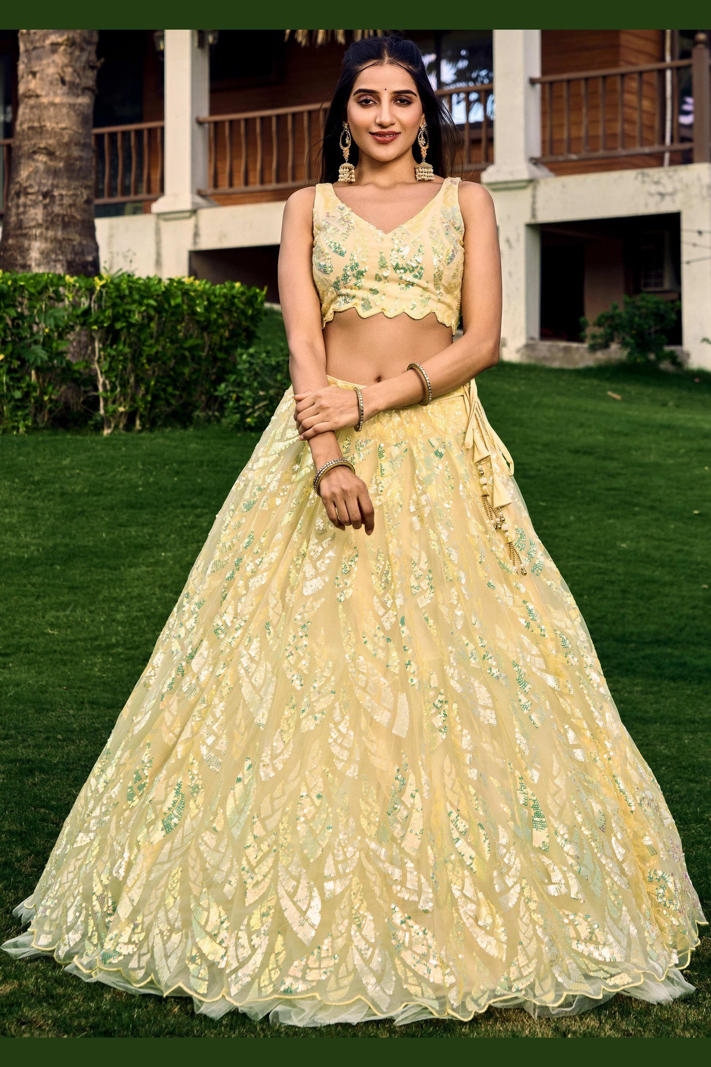 Yellow Net Reception Lehenga Choli For Indian & Pakistani Wedding Festival - Sequins & Thread Embroidery Work