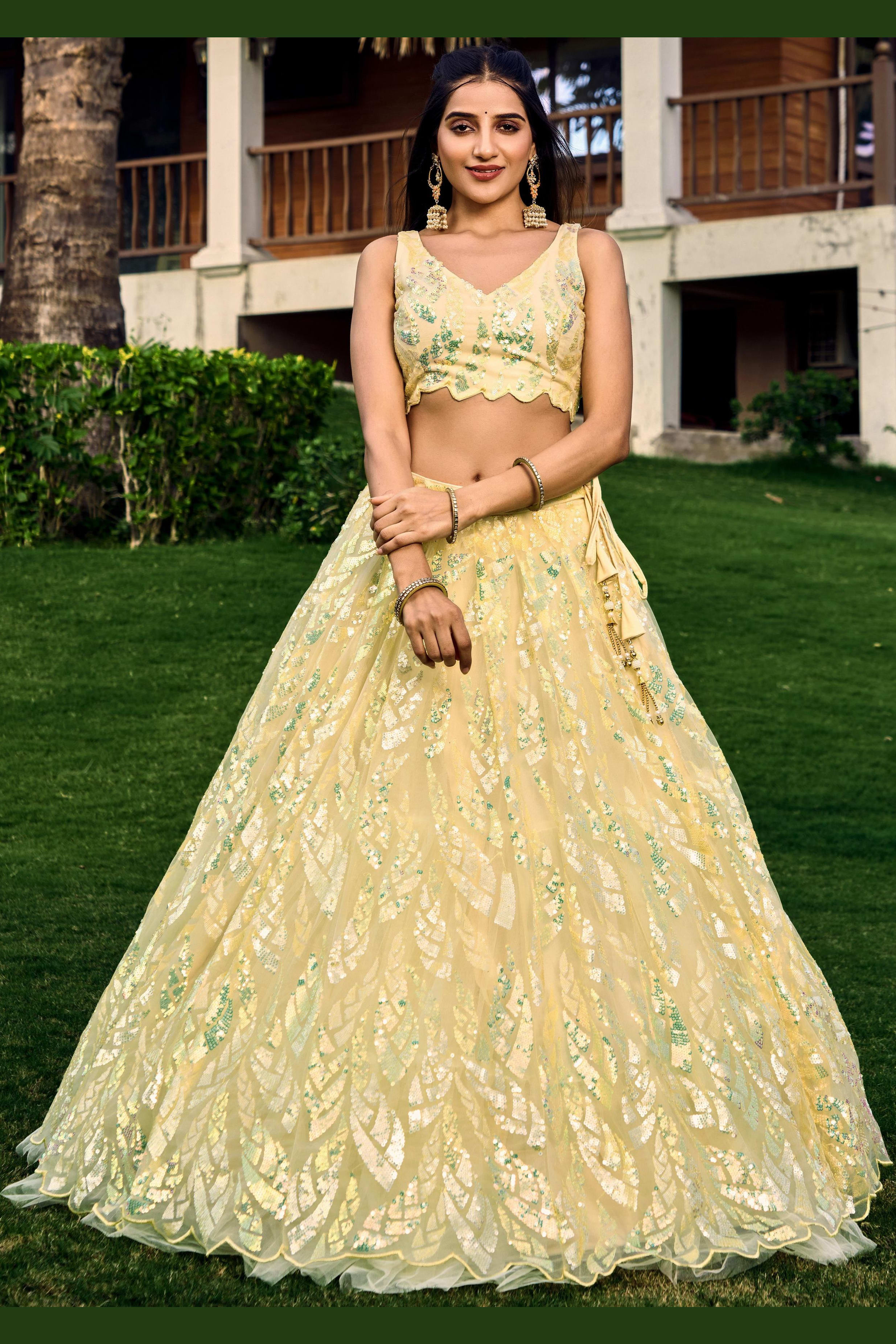 Yellow Net Reception Lehenga Choli For Indian & Pakistani Wedding Festival - Sequins & Thread Embroidery Work